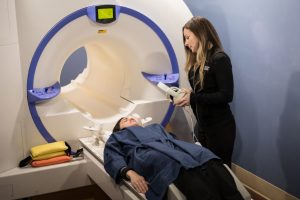 A patient getting ready to have an MRI performed